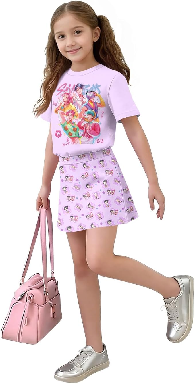 HTHLVMD K Pop Short Sleeve T-Shirt and Skirts Outfits Set for Girls Hunters Rumi Mira Zoey Graphic Tees De-Mon Costume