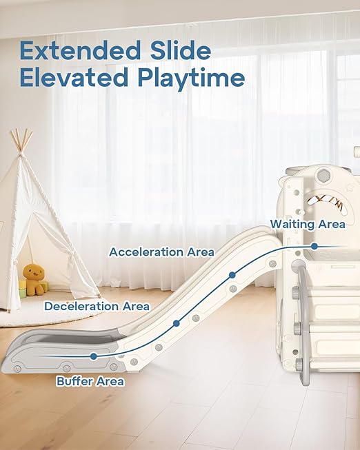 BIERUM Toddler Slide for Kids,6-in-1 Indoor Outdoor Toddler Slides Playground with Basketball Hoop, Golf Game & Telescope, L-Shaped Baby Slide Climber Playset, Cream&Gray