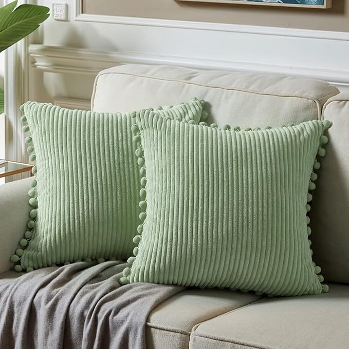 Fancy Homi Set of 2 Sage Green Decorative Throw Pillow Covers 12x12 Inch with Pom-poms for Couch Bed Sofa, Modern Farmhouse Boho Home Decor, Soft Plush Corduroy Cute Cushion Case 30x30 cm
