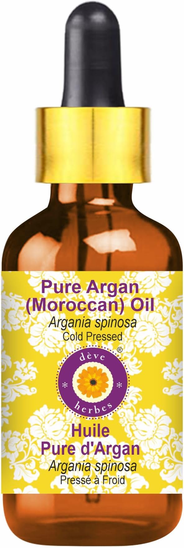 Deve Herbes Pure Argan (Moroccan) Oil (Argania spinosa) with Glass Dropper Cold Pressed 50ml (1.69 oz)