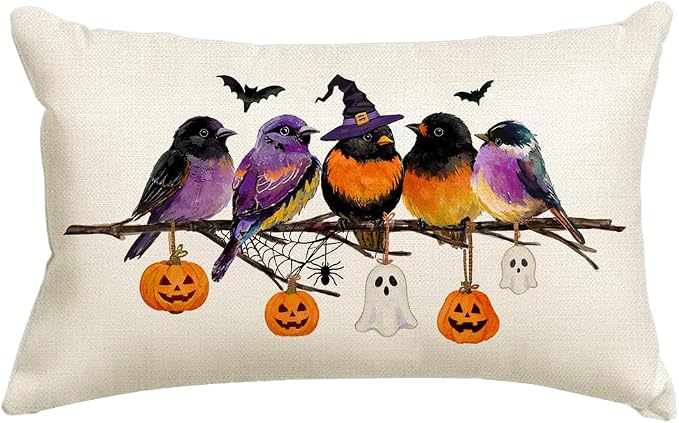RABUSOFA Halloween Pillow Covers 12x20 Inch Halloween Decorations for Home | Watercolor Birds,Waterproof,Spooky Ghost Pumpkin Bat Halloween Decor,Supplies Accessories for Home Couch Party Patio
