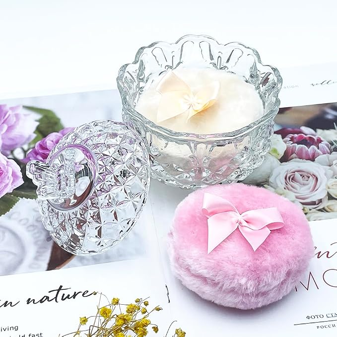 Luxury 4 Inch Glass Loose Powder Container with 2 Soft 3.5" Puffs｜Non-Sealed Refillable Organizer Storage for Body Powder Makeup & Jewelry & Setting Applicator(Butterfly-Clear)