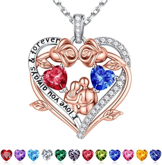 Iefil Valentines Gifts for Her Wife - 925 Sterling Silver Double Heart Birthstone Necklace, Anniversary Birthday Gifts for Women Wife Girlfriend