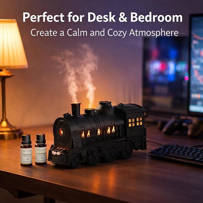 Steam Train Essential Oil Diffuser Set, 300 ml Retro Train Aromatherapy Diffuser with Night Light, Includes 2 Essential Oils, Desk Decor Humidifier, Gift for Train Lovers