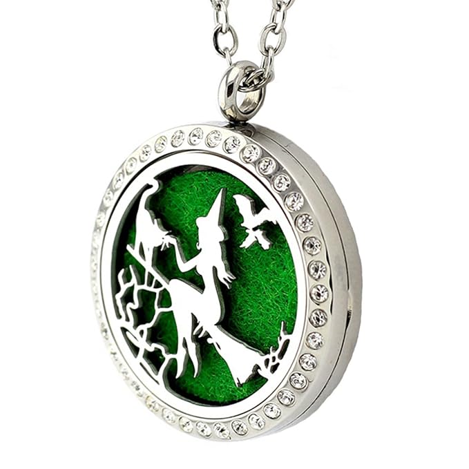 Essential Oil Diffuser Necklace for Birthday Christmas- Aromatherapy Crystal Jewelry Stainless Steel Halloween Magic Witch Locket Pendant with 24'' Chain 8 Washable Refill Pads Gift
