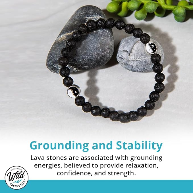 Wild Essentials 2 Bracelet Set, Yin Yang Lava Stones, White, Black, Expandable up to 8 inches, Aromatherapy Jewelry for Women, Men, Best Friends, His and Hers, Essential Oil Diffuser, Grounding Calm