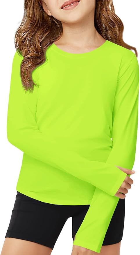 ZDC Girls Long Sleeve Athletic Shirts Kids Crewneck Quick Dry Workout Yoga Tops Basic Tees Activewear