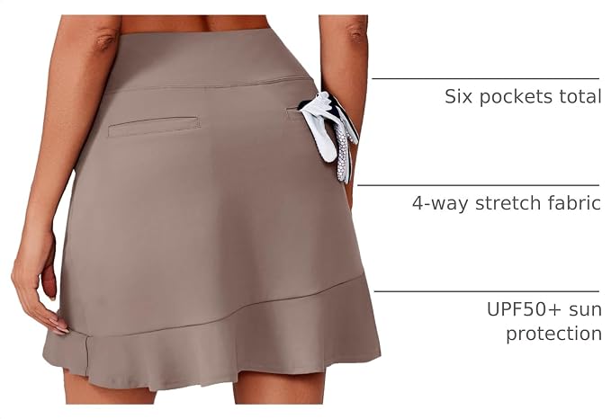 PINSPARK 18" Golf Skorts for Women with 6 Pockets Ruffle Athletic Skort | Above the Knee,High Waist,UPF 50+,4-way Stretch,Lightweight,Ruffle Hem,Tennis,Casual,Work,Pickleball