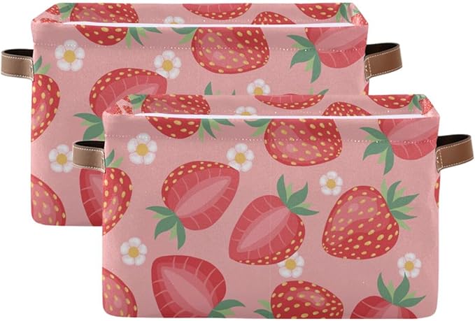 Aslsiy Storage Basket - Fresh Strawberry Pink Nursery Bins Baby Box Canvas Clothes Shelf Laundry Hamper Gift Basket for Home Closet - 1 Pcs