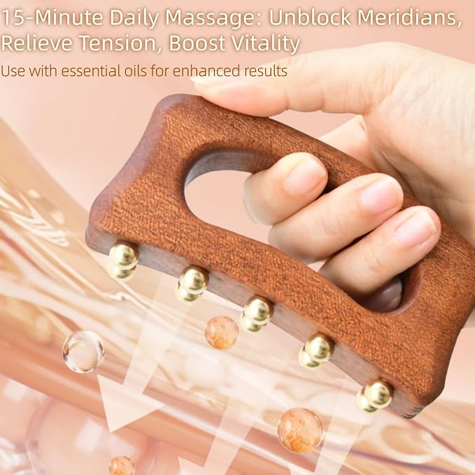 Brass Beads Gua Sha Massage Board for Neck Shoulder Back Abdomen Muscle Relaxation, Body Sculpting & Meridian Relief Copper Meridian Point Massage Board Chinese SPA Gua Sha Tool Natural Wooden Handle