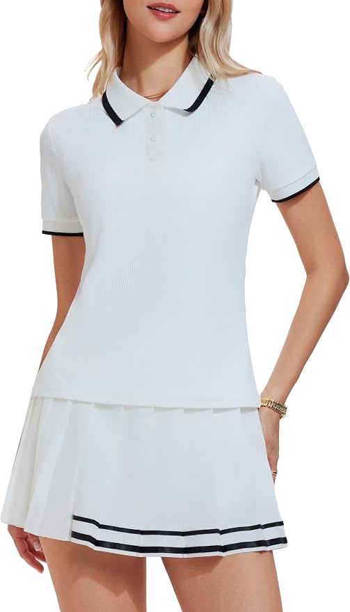 Mudere Golf Outfits for Women Tennis Skirt Set Polo Top Pleated Skort | Ribbed Short Sleeves, Built-In Shorts, Side Pocket, Nylon Spandex Blend, Pickleball Running Dress, Versatile Athletic Wear