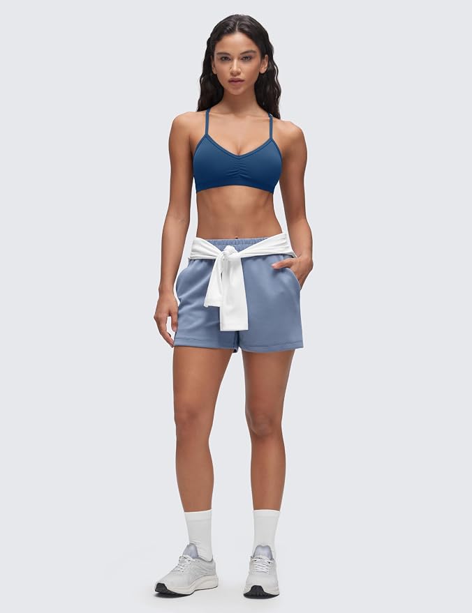 CRZ YOGA Butterluxe Ruched Sports Bras for Women - V Neck Spaghetti Thin Strap Y Back Wireless Padded Yoga Crop Top
