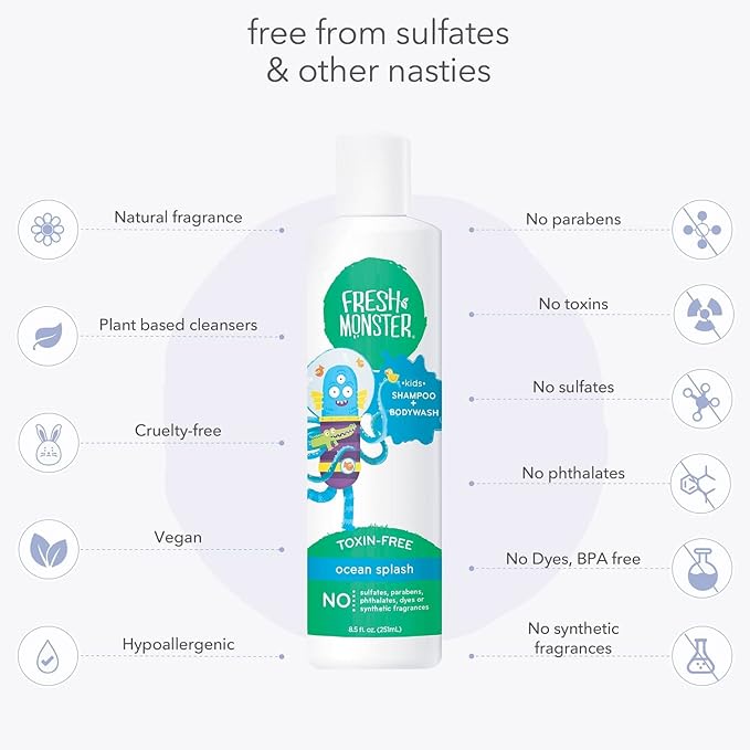 Fresh Monster 2-in-1 Natural Shampoo & Body Wash for Kids, Toxin-Free, Hypoallergenic, Ocean Splash (2 Pack, 8.5oz/each)