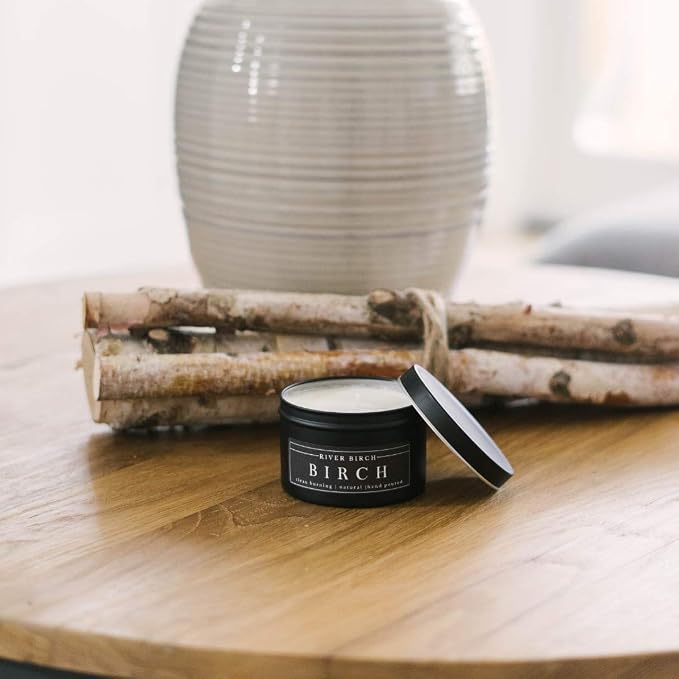 River Birch Candles Birch Scented Candle | Premium, All-Natural, Non-Toxic, Soy Candles | 8 oz. Black Matte Tin Travel Candle | Cozy Relaxing Gifts for Home