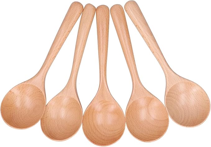 Soup Spoons,5PCS Wooden Spoons for Eating Wood Long Handle Rice Dessert Cooking Tasting Dinner Table Spoon Soup Spoons Asian Soup Spoon (Wood)