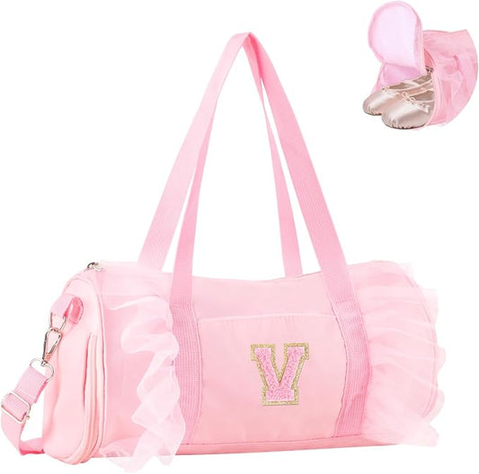 Personalized Initial Dance Bag for Girls 6-9, Medium Lace Gym Sport Yoga Cheer Dance Bags Gift for Teen Girls, Cute Letter Kids Ballet Bag Toddler Travel Duffel Tote with Adjustable Straps(Pink-V)