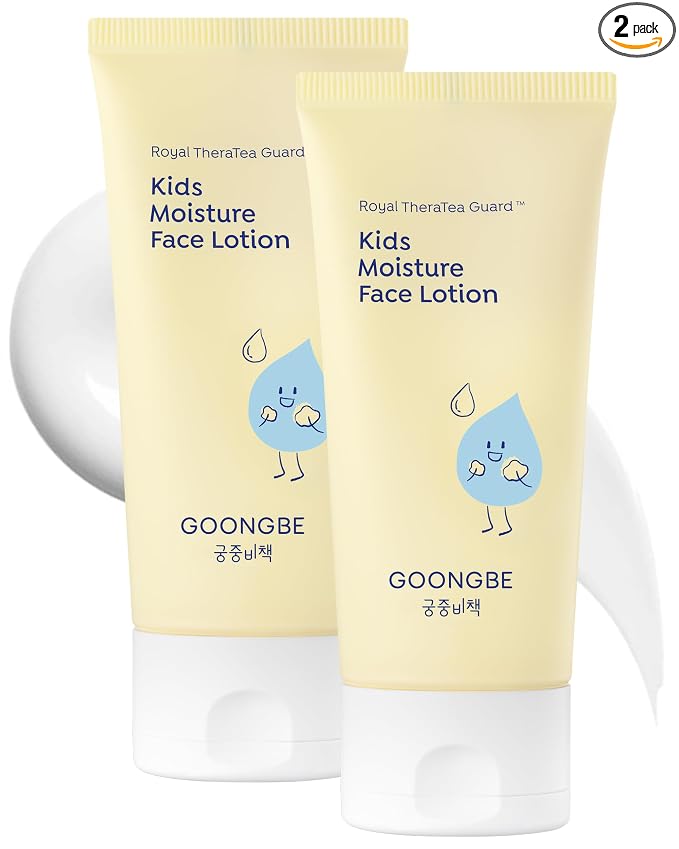 GOONGBE Kids' Moisture Face Lotion - Korean Kids Daily Face Moisturizer - 8hr Moisturizing Refreshing Cream Type Lotion with Cica and Allantoin - Allergen Free Scent, 2.7 fl.oz. 2 Pack