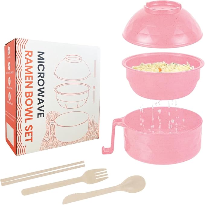 Microwave Ramen Cooker,Ramen Bowl With Chopsticks and Spoon,For Office College Dorm Room Essentials Instant Lunch Ideal for Shin and Buldak Noodle On The Go, Dishwasher-Safe,BPA-Free. (Pink)