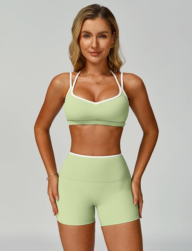 ABOCIW Workout Sets for Women 2 Piece Color Block Strappy Sports Bra High Waist Shorts Gym Yoga Pilates Outfits