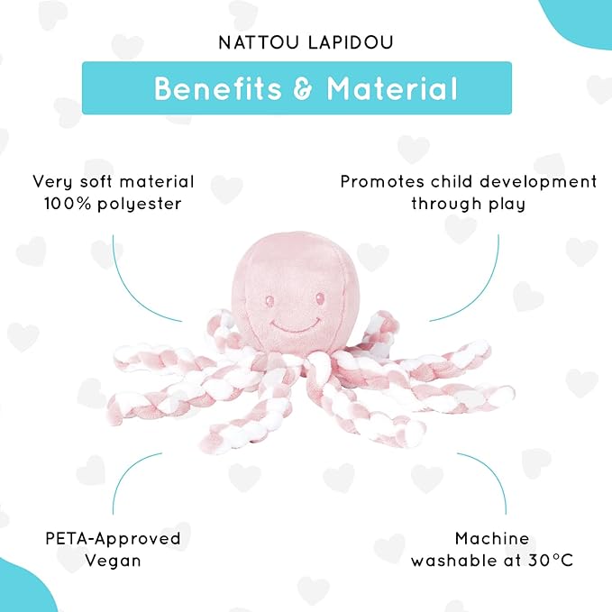 Nattou Plush Octopus Lapidou, Cuddly Stuffed Soft Toy, Machine Washable, 100% Polyester, 25 cm, Light Pink & White
