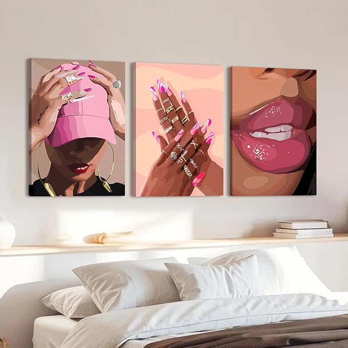 Black Girl Wall Art Set of 3 - Pink African American Woman Canvas Wall Decor Pictures, Fashion Black Woman Paintings Prints for Living Room Bedroom Bathroom Dorm 16x24 inch Framed