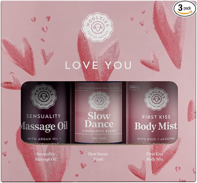 Love You Gift Set for Women, Massage & Essential Oils | Includes Sensuality Massage Oil, Slow Dance Romantic Essential Oil Blend, & First Kiss Body Mist