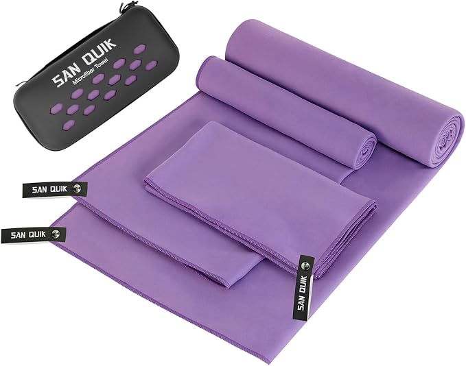 Quick Dry Camping Towel with EVA Case, Microfiber Travel Towel 3 Size at 1 Pack, Super Absorbent Lightweight Fast Drying Towel Set for Beach, Gym, Sports, Backpacking, Yoga & Swimming Pool, Purple