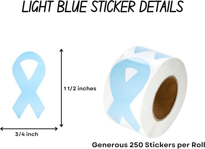 Small Light Blue Ribbon Shaped Awareness Stickers - Perfect for Decoration, Awareness Events, Support Groups and Fundraing - 2 Rolls