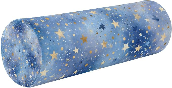 Blue Romantic Golden Stars Neck Roll Pillow Bolster Round Health Memory Foam Long Cervical Cylinder Pillows with Removable Washable Cover for Body Bed Legs Back Yoga