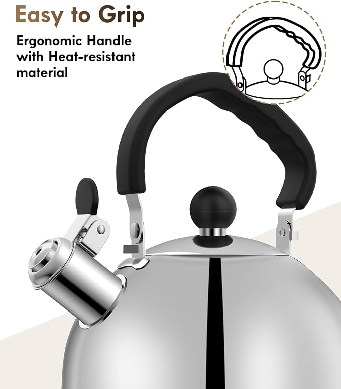 Tea Kettle for Stove Top - Stainless steel Teapot,2 Quart Camping Kettle, Efficient Heating, Audible Whistle, Safe Handle - Hot Water kettle & Tea Pot Stovetop (Silver)