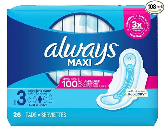 Always Pads Maxi Extra-Long Size 3-26 Count Super (6 Pack)