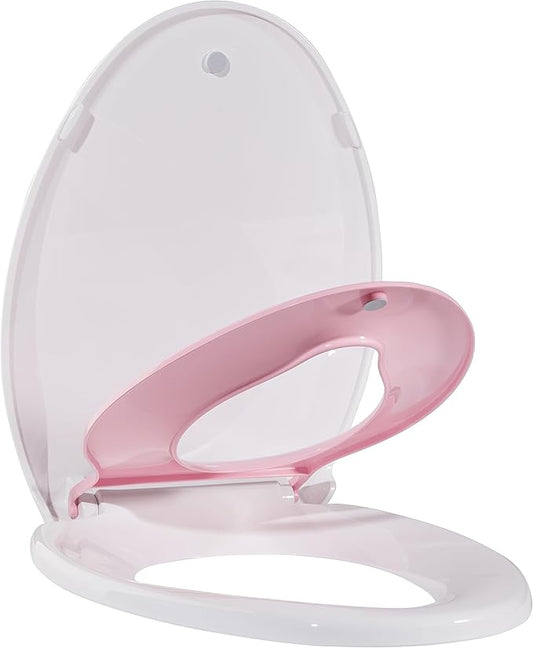 19" Elongated Pink Toilet Seat with Built-In Potty Training Seat, Soft Quiet Close Non-Slip Design for Adult and Child, Magnetic Kids Seat and Cover, Easy to Install for Elongated Toilets