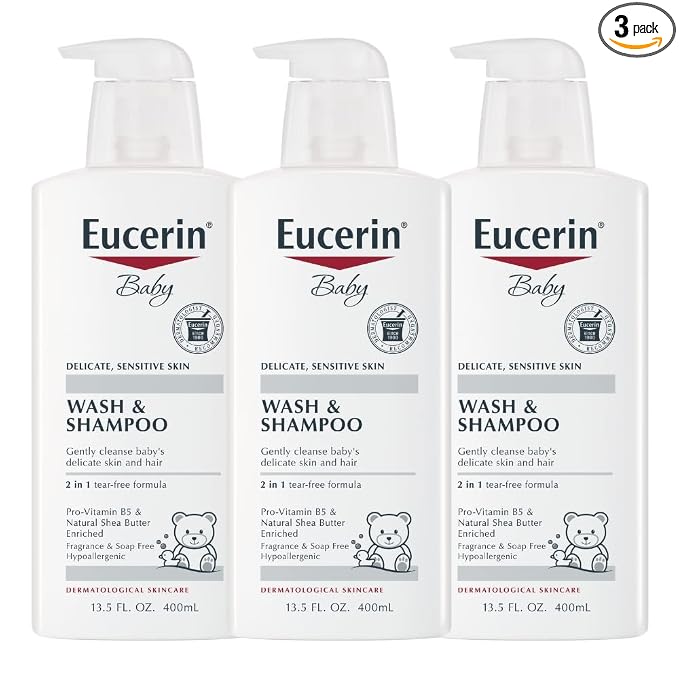 Eucerin Baby Unscented Baby Shampoo and Body Wash, Hypoallergenic, Tear Free Shampoo and Wash with Pro-Vitamin B5 and Shea Butter, 13.5 Fl Oz Bottle 3 pack