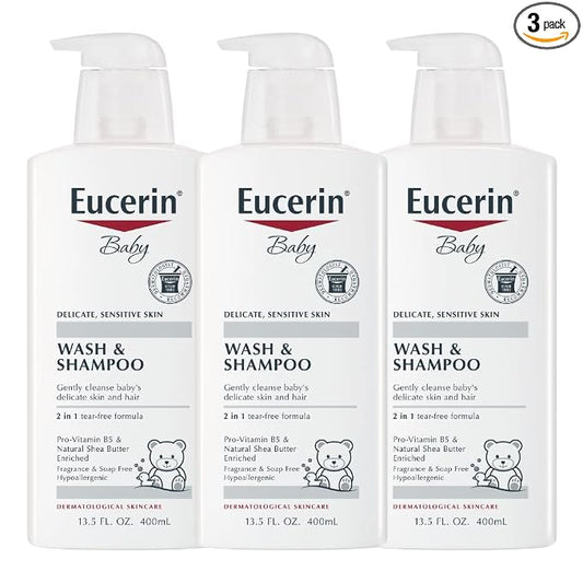 Eucerin Baby Unscented Baby Shampoo and Body Wash, Hypoallergenic, Tear Free Shampoo and Wash with Pro-Vitamin B5 and Shea Butter, 13.5 Fl Oz Bottle 3 pack