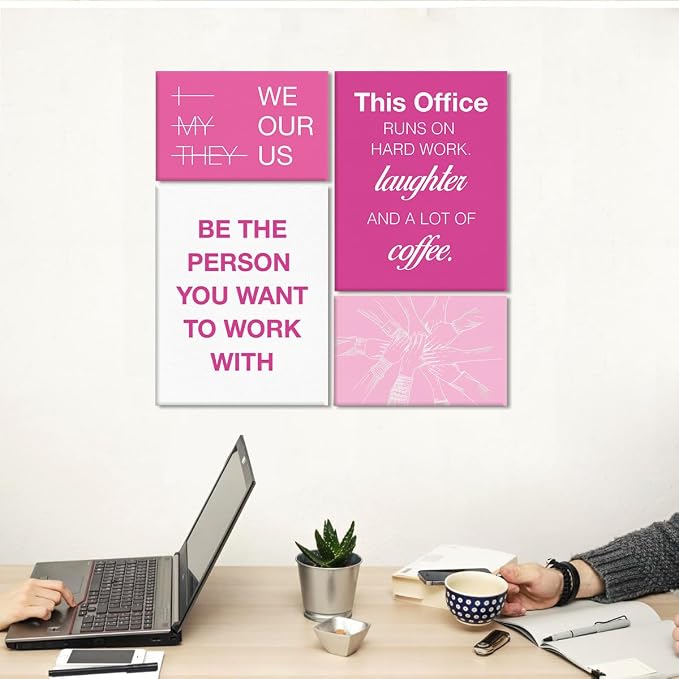 YEOION Motivational Office Wall Art,Inspirational Teamwork Wall Art for Office,Pink Positive Teamwork Wall Decor for Workplace Set of 6