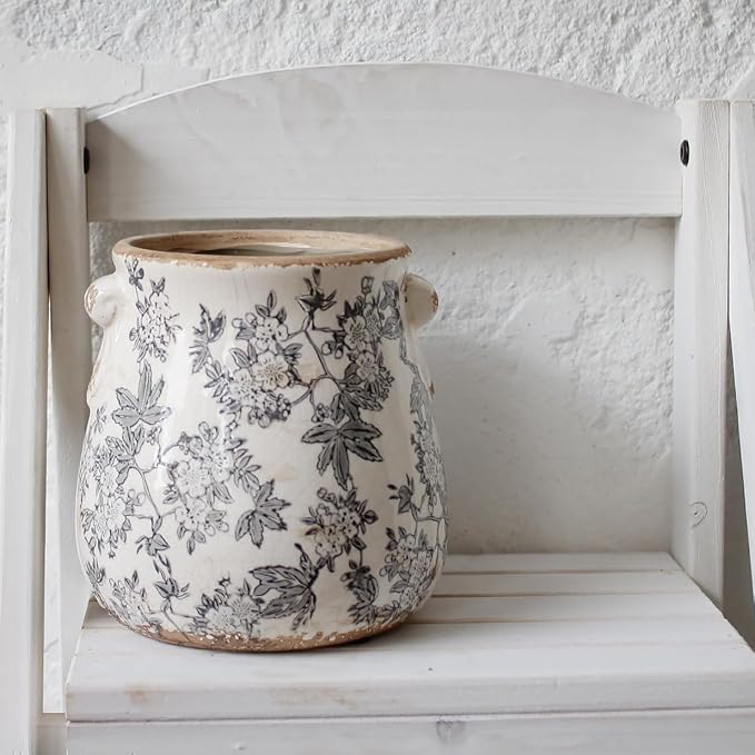 Rustic Farmhouse Ceramic Flower Pots, Vintage Antique Crock Planter & Vase | Terracotta Pots for Indoor/Outdoor, Handmade Crackle Glaze Terracotta Pottery, Home Kitchen Office Decor, Gardening Gifts