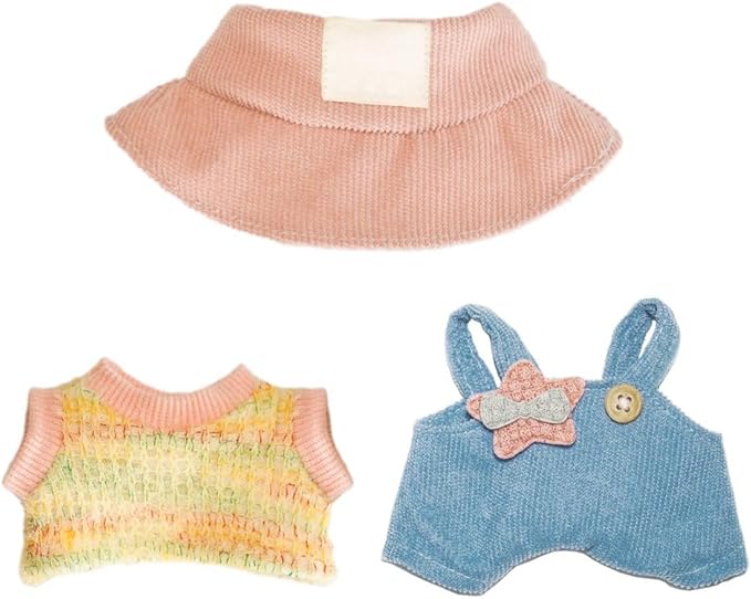 17cm Doll Clothes Outfits - Cozy Knit Top & Beanie Hat for Plush/Blind Box Collectibles (Blue Overalls)