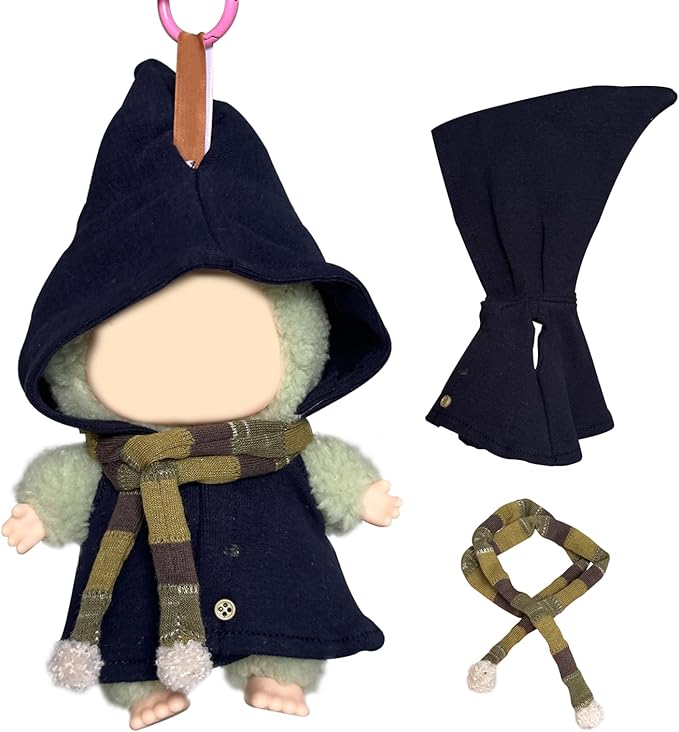 Navy Blue Wizard Robe for Labubu Dolls, Hooded Dress with Scarf Outfit for Popmart Figures, British Style Clothes for labubu Costume. Halloween Clothes for popmart Blind Box.