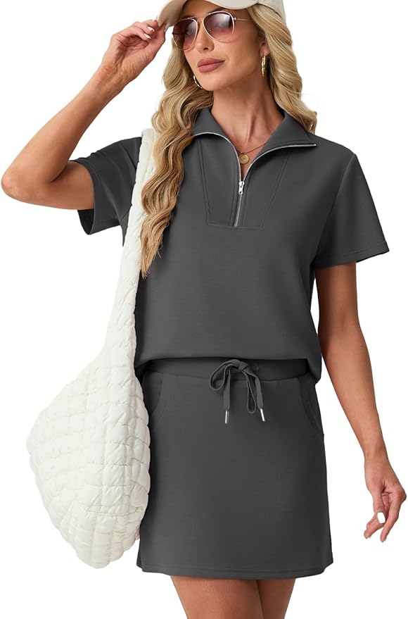 GRECERELLE Women's Summer 2 Piece Skort Set Half Zip Short Sleeve Top & Pocketed Tennis Skirt For Sports & Vacations.