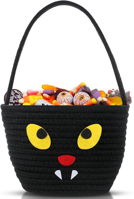 Halloween Trick or Treat Basket with Handle Cute Bucket Cotton Rope Woven Candy Bag Pumpkin Witch Cat Pig Storage Basket for Halloween Party Favor(black,Cat)