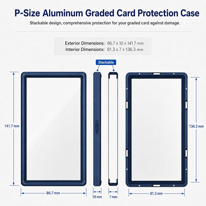 Magenetic Trading Card Slab Protector - Premium Aluminum Graded Card Showcase, Graded Slab Protector with UV-Resistant Tempered Glass, Personalized Slab Bumper for Collectors, Dark Blue