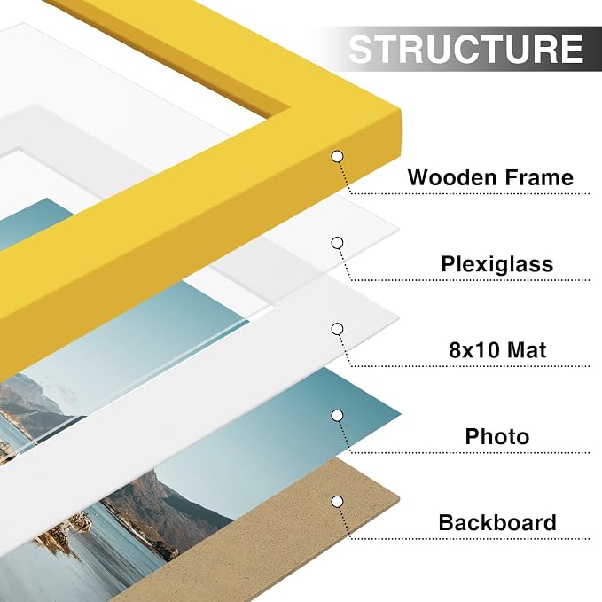 Vittanly 11x14 Picture Frames Set of 9 for Wall Mounting, Yellow | Display Pictures 8x10 with Mat or 11x14 without Mat, Engineered Wood with Shatter Resistant Plexiglass, Gallery Photo Frames