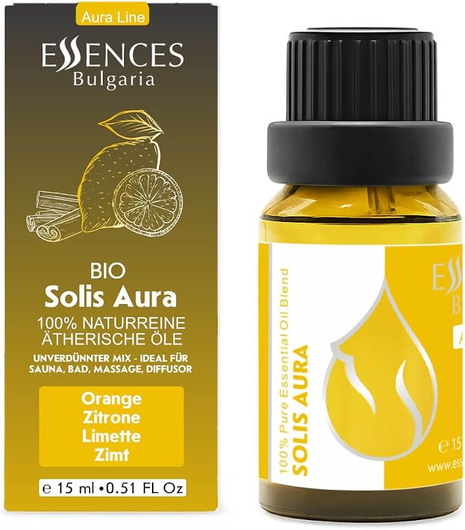 Essences Bulgaria Solis Aura Organic Essential Oil Blend 0.51 Fl Oz | 15ml | Orange, Lemon, Lime, Cinnamon | Aromatherapy, Sauna & SPA | 100% Pure & Natural | Undiluted