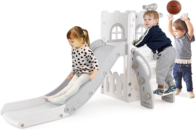BABY JOY Toddler Slide, 6-in-1 Indoor Kids Slide Playset with Basketball Hoop, Telescope, Climbing Ladder & Storage Space, Freestanding Playhouse & Climber for Kids Aged 1-3 (Gray)