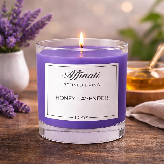 Honey Lavender Affinati 10 oz Scented Candle for Home – Long Lasting Fruity Soy Blend Candle with Wooden Wick, Strong Scent Throw Glass Jar Candles, Premium Clean Burning Aromatherapy Gifts