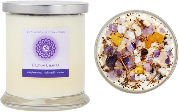 Crown Chakra Candle by New Moon Beginnings - Chakra Candles - Dried Flower, Herb, & Crystal Candles - Aromatherapy Candles - Soy Candle - 12oz Glass Jar