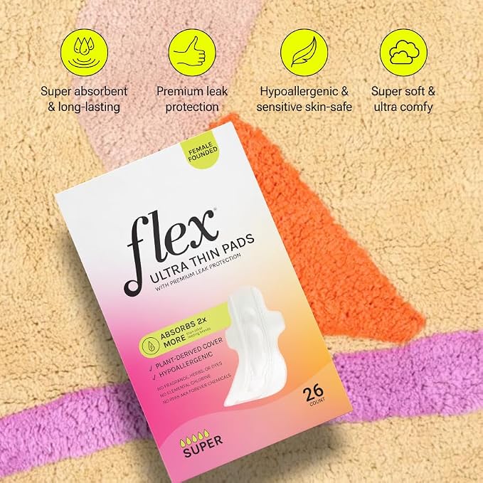 Flex Ultra Thin Pads Super | Ultra Thin with Wings | Fragrance-Free Sanitary Napkins | Super Absorbent & Comfortable Feminine Pads | Unscented (2-Pack, 52 Pads)