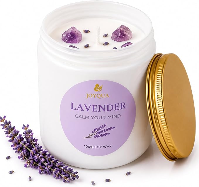 Meditation Candle Gift, 9 oz Lavender Crystal Candle, Gold Lid | White jar with gold lid, lavender soy candle, amethyst crystals, 9 oz, 40 hour burn, self care gift