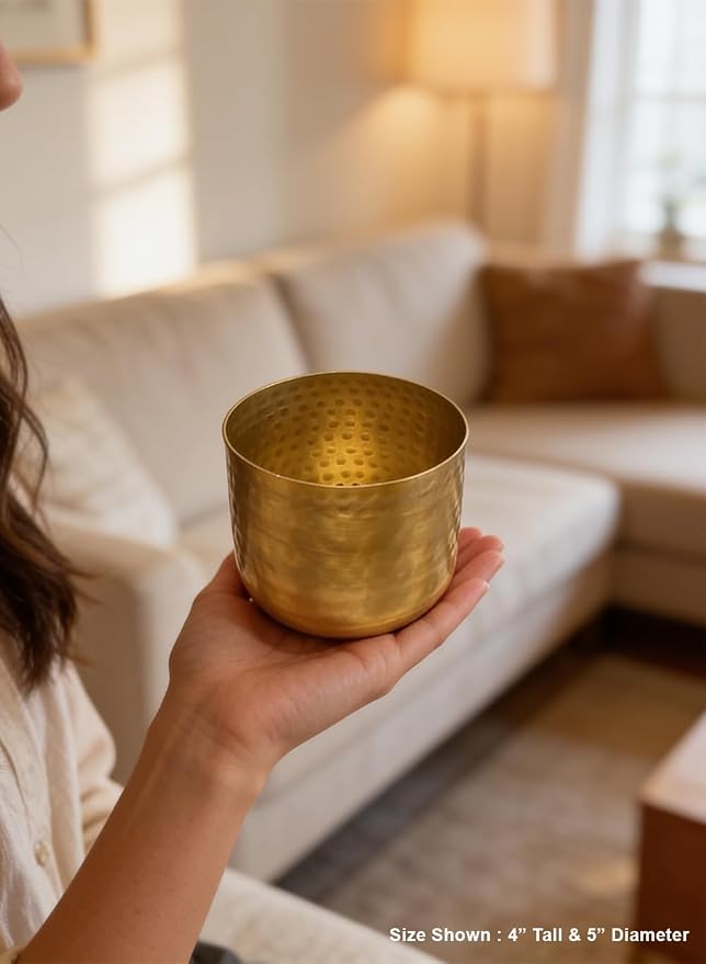 Serene Spaces Living Antique Brass Look Gold Hammered Pots, Indoor Planter, Decorative Accent for Potted Plants, Gold Flower Vase for Wedding or Event Centerpiece, Extra Small, 5" Diameter & 4" Tall