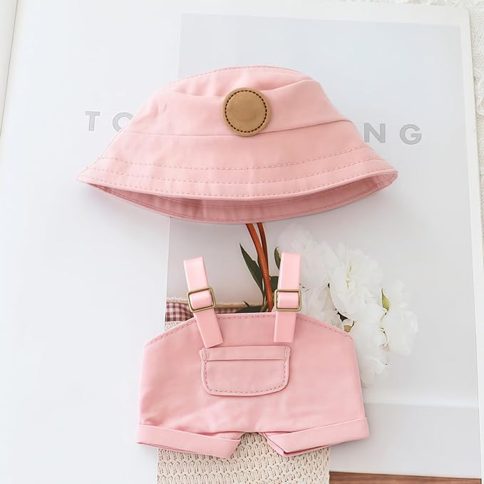 Clothes for Dolls Accessories, Stylish Kawaii Overalls Outfit Set 4 Pieces Bib Pants for 15cm 17cm Doll, Cute Doll Hat Shoes Clothing Set Replacement Pink (No Dolls)
